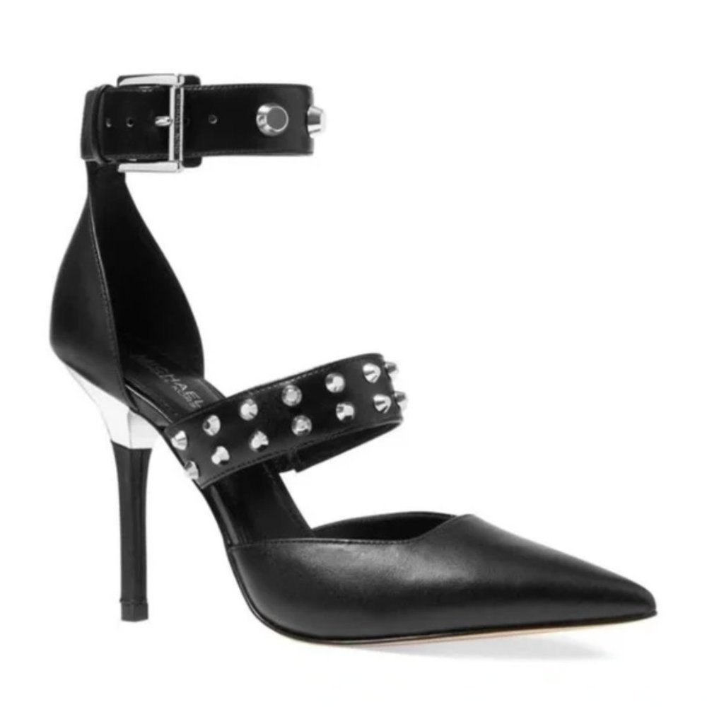 NIB Michael Kors Amal Ankle Strap Genuine Leather Studded Stiletto Heel Pumps